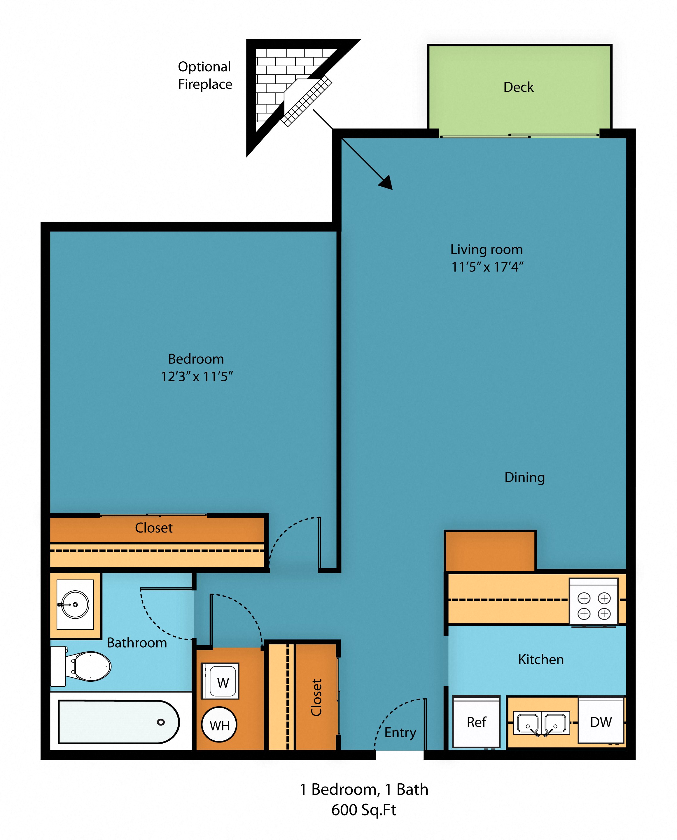 Floor plan for 1 bed, 1 bath, 659 sqft